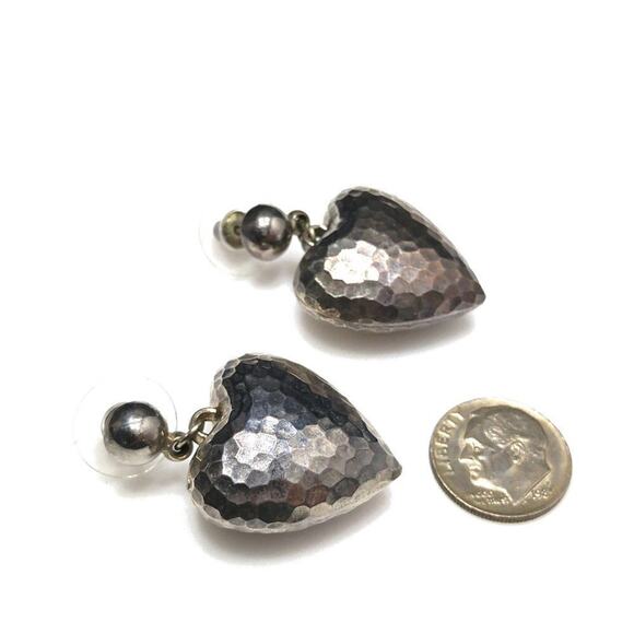 Vintage Hammered Puffy Heart Silver Tone Post Earrings, 1 1/2 Inches - Picture 7 of 7